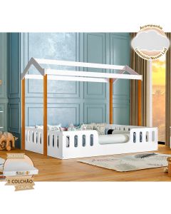 Cama Infantil com Colchão D28 Casal Casinha Segura Montessoriana Ágatha Branco/mel + Luminária