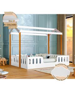 Cama Infantil com Colchão Casal Casinha Segura Montessoriana Ágatha Branco/mel + Luminária