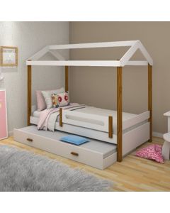 Cama Solteiro com Led Casinha Montessoriana Eliz com Cama Auxiliar Branco/mel