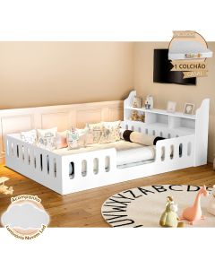 Cama Casal Design Montessoriana Helo com Nicho e Colchão D28 Branca Divaloto + Luminária