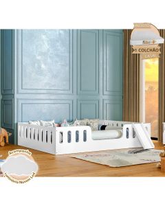 Cama Infantil Helo com Colchão D28 Casal Montessoriana Branca com Escorregador Divaloto + Luminária