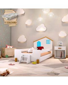 Cama Montessoriana Infantil Juvenil Belissima Azul - Branco e Mel + Colchão