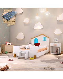 Cama Infantil Solteiro Belissima Azul - Branco e Mel + Colchão