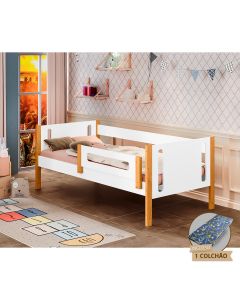 Cama de Criança Infantil Babá Montessoriana com Colchão Mirela com Grade de Proteção - Branco/amêndo