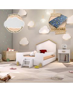 Cama de Criança Infantil com Colchão e Escadinha Solteiro Ayla Branca e Natural Luminária Led