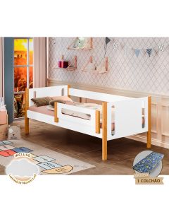 Cama de Criança Infantil com Colchão Mirela com Grade de Proteção Branco/mel Luminária Led