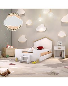 Cama de Criança Infantil com Escadinha Juvenil Ayla Branca e Natural Luminária Led