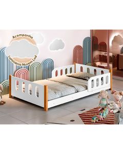 Cama de Criança Infantil Juvenil Camila com Grade de Proteção Branca Luminária Led