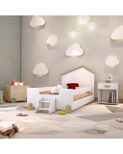 Cama de Criança Infantil Montessoriana com Escadinha Solteiro Ayla - Branca e Natural