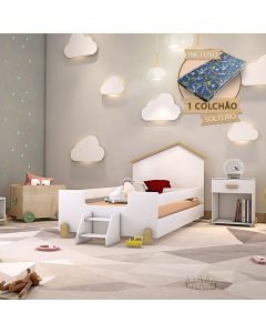 Cama de Criança Infantil Montessoriana com Colchão e Escadinha Solteiro Ayla - Branca e Natural