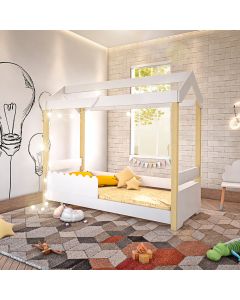 Cama de Criança Infantil Montessoriana Solteiro com Led Jhulia Grade Branca - Branco e Natural