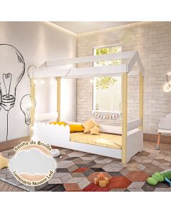 Cama de Criança Infantil Montessoriana Solteiro Led Grade Branca Jhulia - Branco e Natural Acompanha