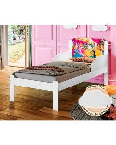 Cama de Criança Infantil Solteiro Adesivada Princesas Branco Luminária Led