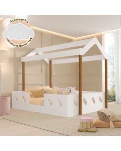 Cama Casal Infantil Casinha Montessoriana Mdf Isa Branca e Mel  Acompanha Luminária Nuvem