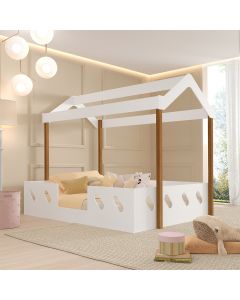 Cama Casal Infantil Casinha Montessoriana Mdf Isa Branca e Mel